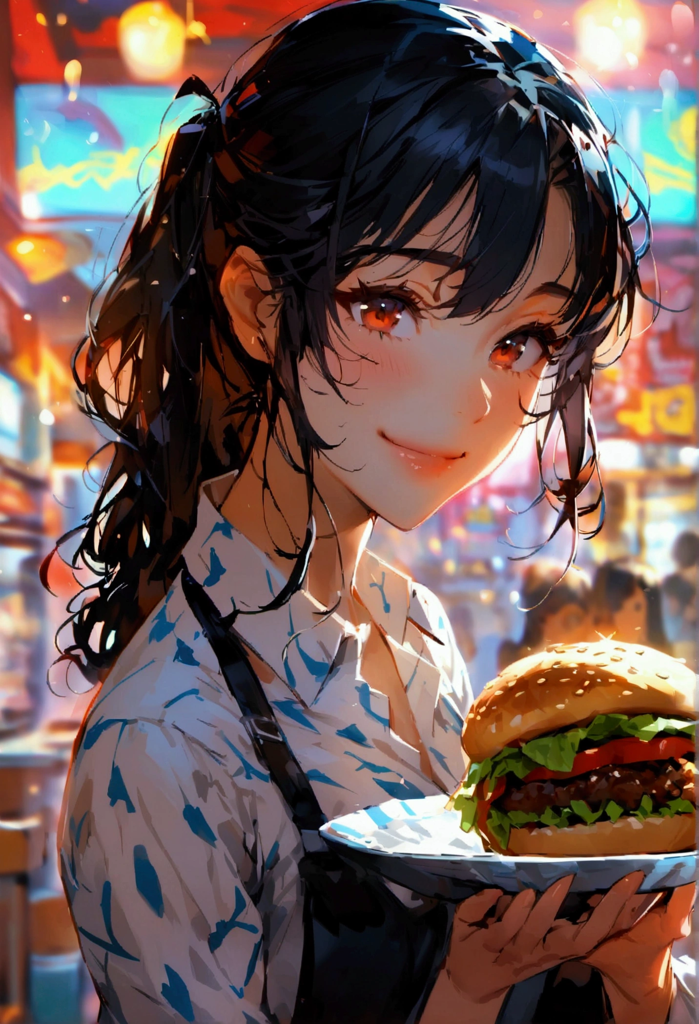 Highest quality,masterpiece,Burger Shop,Dark Hair,Extreme uniform,Nearly naked,Part-time jobs for high school students,Serving with a smile