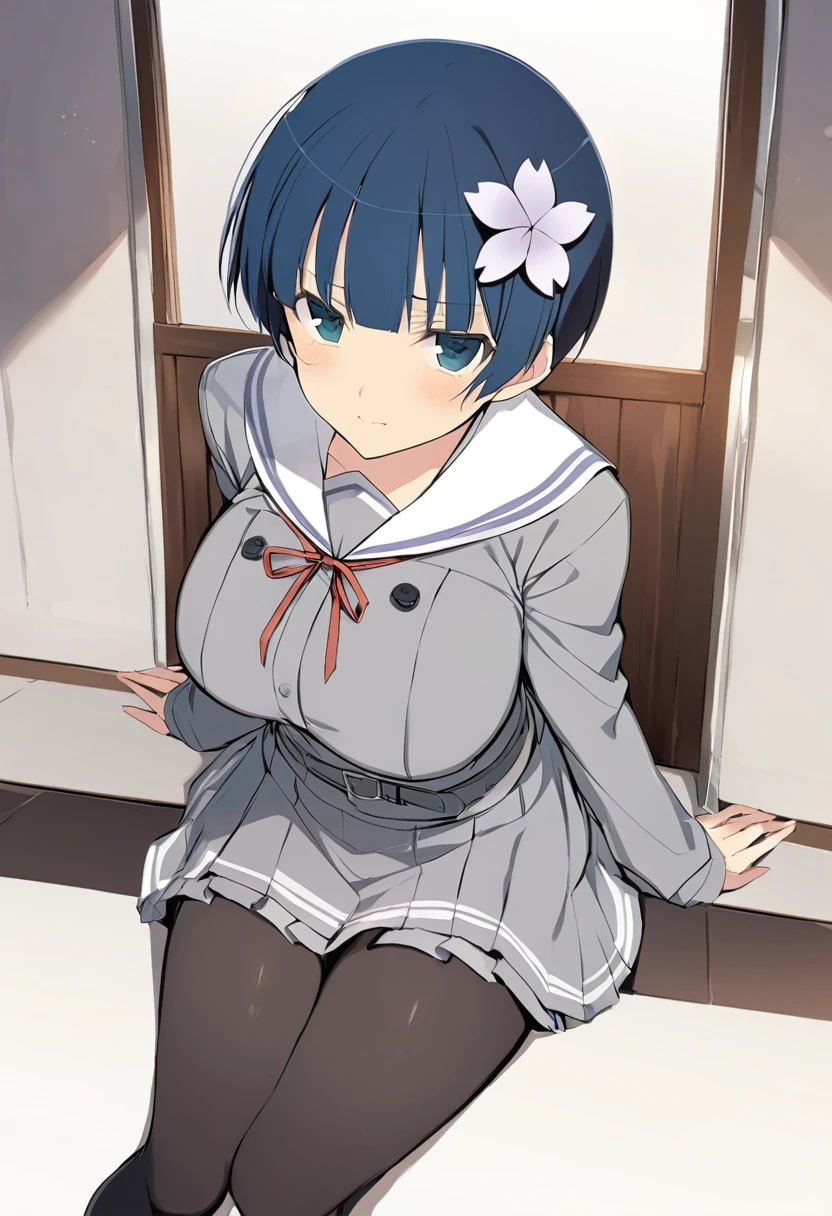 masterpiece, best quality, 
yozakura (senran kagura), 1girl, solo, short hair, blue hair, blue eyes, large breasts, hair ornament, hair flower, 
flower, emblem, 
white background, looking at viewer, 

Yozakura_School, , white sailor collar, grey jacket, black buttons, grey skirt, skirt frills, neck ribbon, grey belt, black pantyhose, grey loafers, 