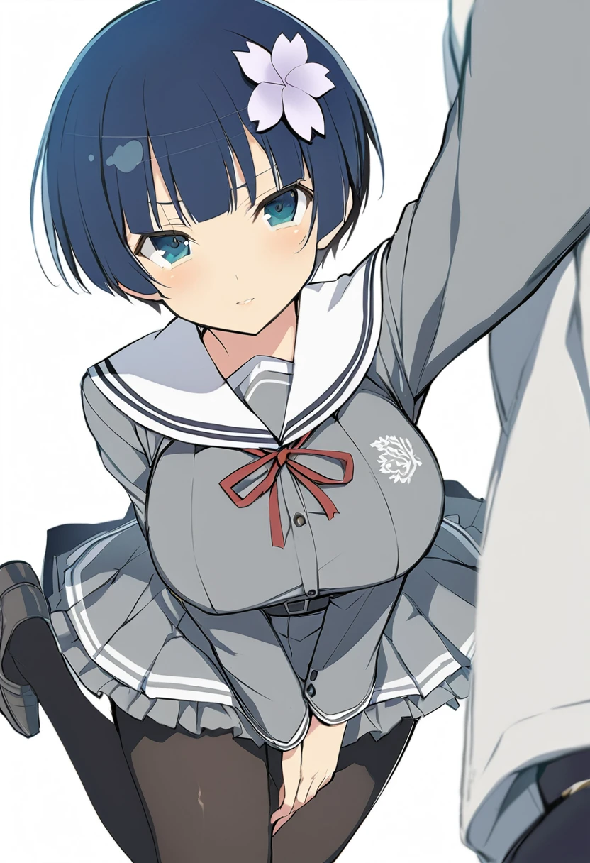 masterpiece, best quality, 
yozakura (senran kagura), 1girl, solo, short hair, blue hair, blue eyes, large breasts, hair ornament, hair flower, 
flower, emblem, 
white background, looking at viewer, 

Yozakura_School, , white sailor collar, grey jacket, black buttons, grey skirt, skirt frills, neck ribbon, grey belt, black pantyhose, grey loafers, 