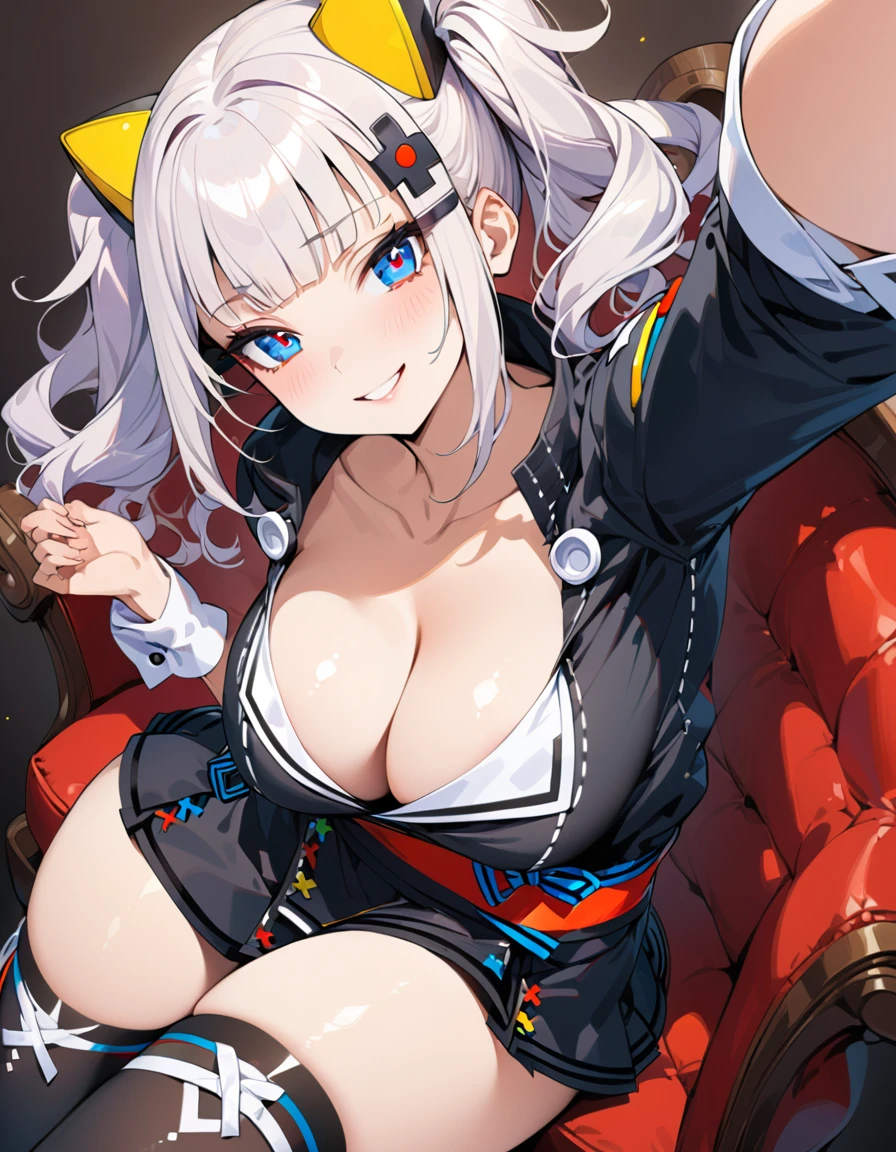 score_9,score_8_up,score_7_up, (best quality, masterpiece) , perfect anatomy,,.official style, kaguya luna, very aesthetic, intricate, overall detail, 1 girl, upper cleavage,sash,, black miniskirt, thighhighs, sitting, light smile, simple background, (from above:1.2),Dutchangle. straight-on, mediumshot,breast focus,(face above selfie),,　　intricate, hyper-detailed, 100-layer, ultra-high resolution, 