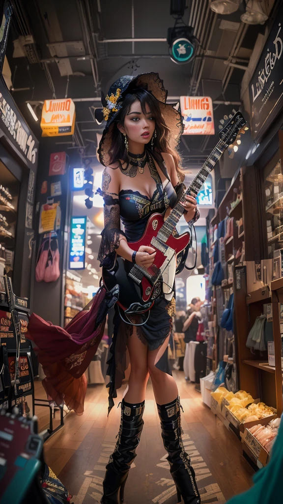 A woman in a costume playing guitar in a store, Shot with Canon EOS R 5, Photographed with Canon EOS R5, Shot with Canon EOS R 6, Shot with Sony A7III, Shot on a Sony Alpha 1 camera, Shot with Leica SL2, Shot with the Nikon Z9, Shot with Canon EOA6D Mark II, Titi Ruadhone