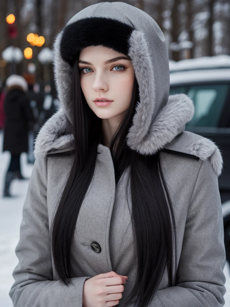 (best quality), 1girl, female, pale skin, (black hair), long hair, straight hair, grey eyes, perfect eyes, slender, tall, ushanka hat, winter coat, elegant, serious, normal bust, masterpiece, anatomically correct, highres