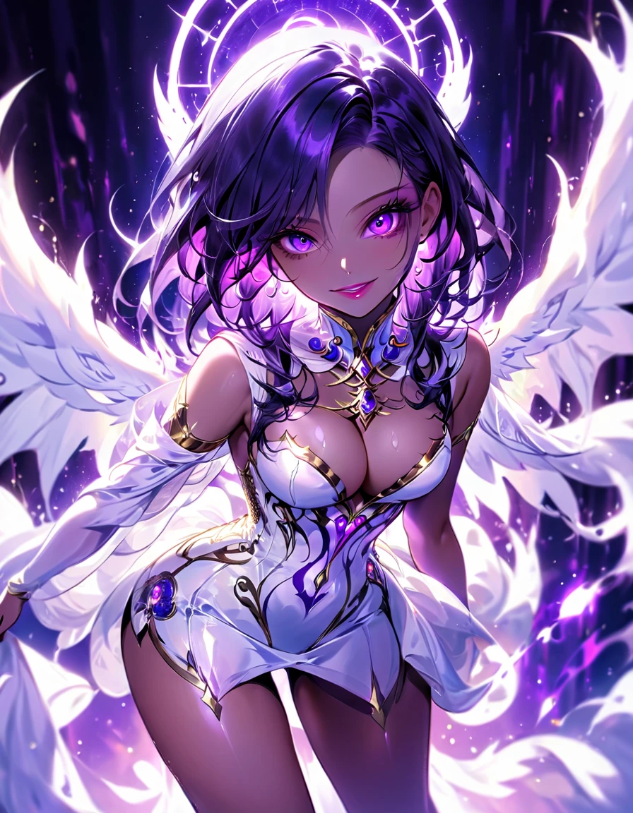 One young and beautiful woman,(Highest quality,Extremely detailed depiction,Incredibly absurd high resolution,Anatomically accurate depiction,Perfect body,Two curvaceous legs),(A fantastic goddess in a mysterious costume),(Gorgeous white outfit),eyelash,eye shadow,eyeliner,mascara,Flashy makeup,(Intensely glowing purple eyes,(Crazy Eyes),Glossy Lips,Wicked Smile,There is cleavage in the chest,wing,whole body),Sweat,background:Temple of the Night,Purple light