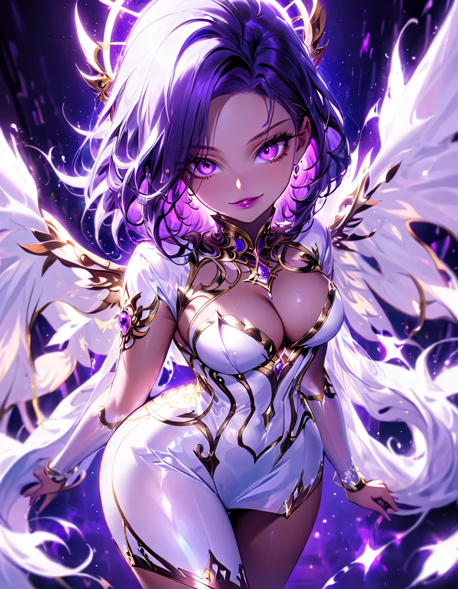 One young and beautiful woman,(Highest quality,Extremely detailed depiction,Incredibly absurd high resolution,Anatomically accurate depiction,Perfect body,Two curvaceous legs),(A fantastic goddess in a mysterious costume),(Gorgeous white outfit),eyelash,eye shadow,eyeliner,mascara,Flashy makeup,(Intensely glowing purple eyes,(Crazy Eyes),Glossy Lips,Wicked Smile,There is cleavage in the chest,wing,whole body),Sweat,background:Temple of the Night,Purple light