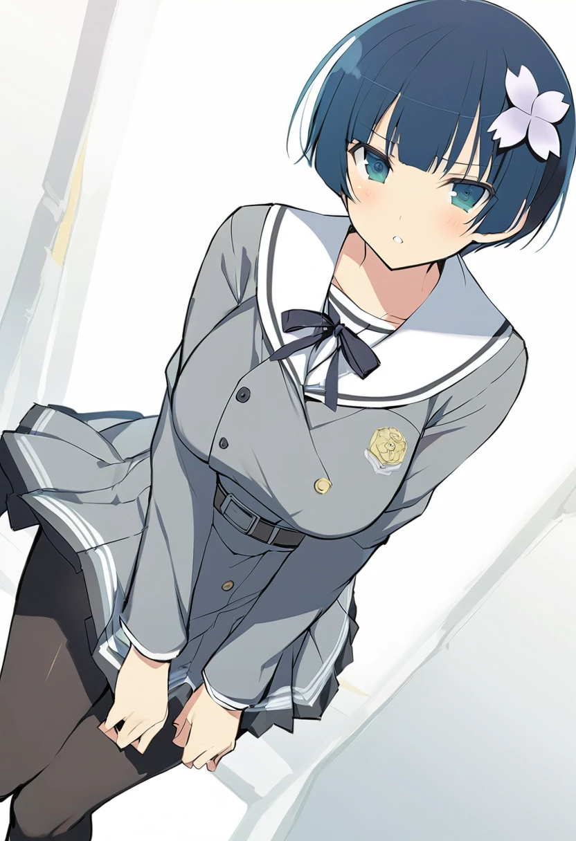 masterpiece, best quality, 
yozakura (senran kagura), 1girl, solo, short hair, blue hair, blue eyes, large breasts, hair ornament, hair flower, 
flower, emblem, 
white background, looking at viewer, 

Yozakura_School, , white sailor collar, grey jacket, black buttons, grey skirt, skirt frills, neck ribbon, grey belt, black pantyhose, grey loafers, 