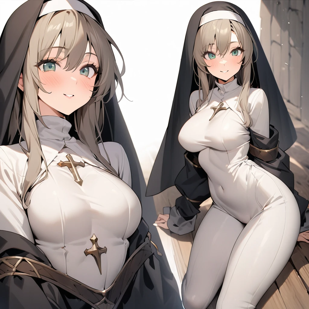 White Hair、Long Hair、Purple Eye、very, very big breasts、Nipples、breast milk squirting、Erect nipples、Face after climax、smile、Soaking wet、Peeing、Mole on upper chest、Nipple Pochi、(Nuns)、(Sister)、(church)