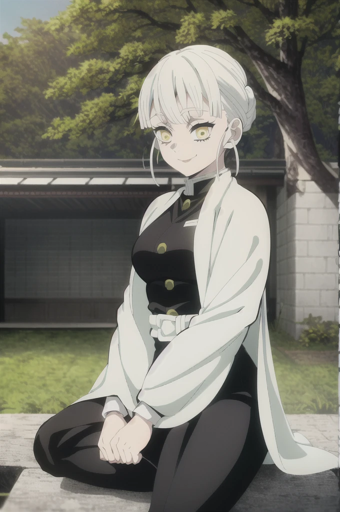 kimetsu no yaiba style, 1girl, white hair in a bun, demon slayer uniform, solo, yellow eyes,holding a katana ,white hair, all black cape, all black haori, outdoors, bangs, tree,, anime coloring,  ((masterpiece)) , daylight background , beautiful girl, cute, solo , smiling face , ((high quality)) , sitting. 