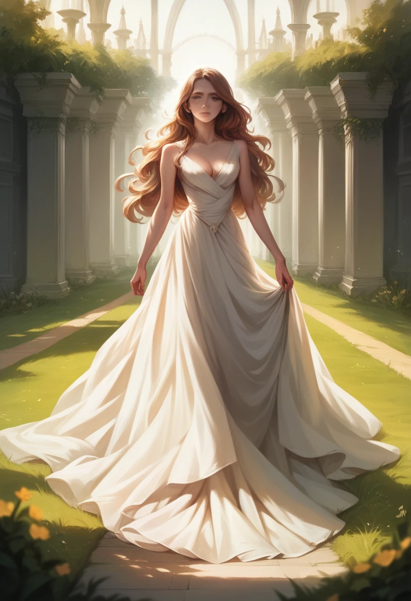 a woman walking away from the camera, elegant dress, long flowing hair, sunlit field, golden hour lighting, cinematic, photorealistic, extremely detailed, 8k, high resolution, best quality, intricate details, realistic, masterpiece