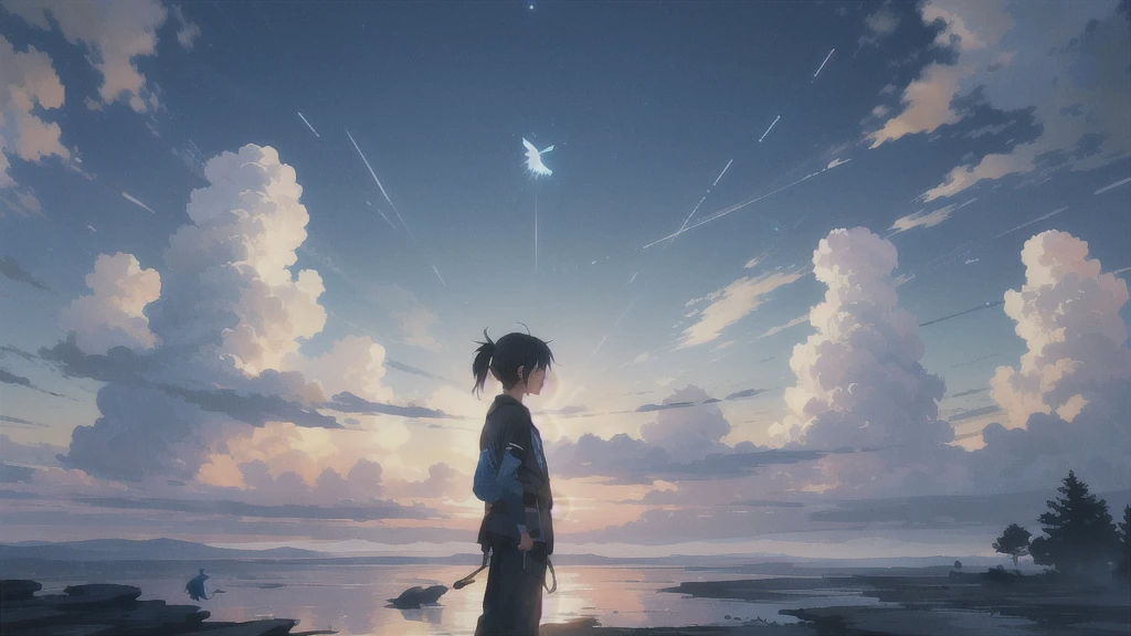 座る,真っ暗なnight空,Octane, star (null), scenery, Blue parakeet,The acoustic guitar is in front of the body.,star, night, A girl and a boy back to back, Back view, Outdoor, city,Blue parakeet,building, cloud, 天のriver,silhouette