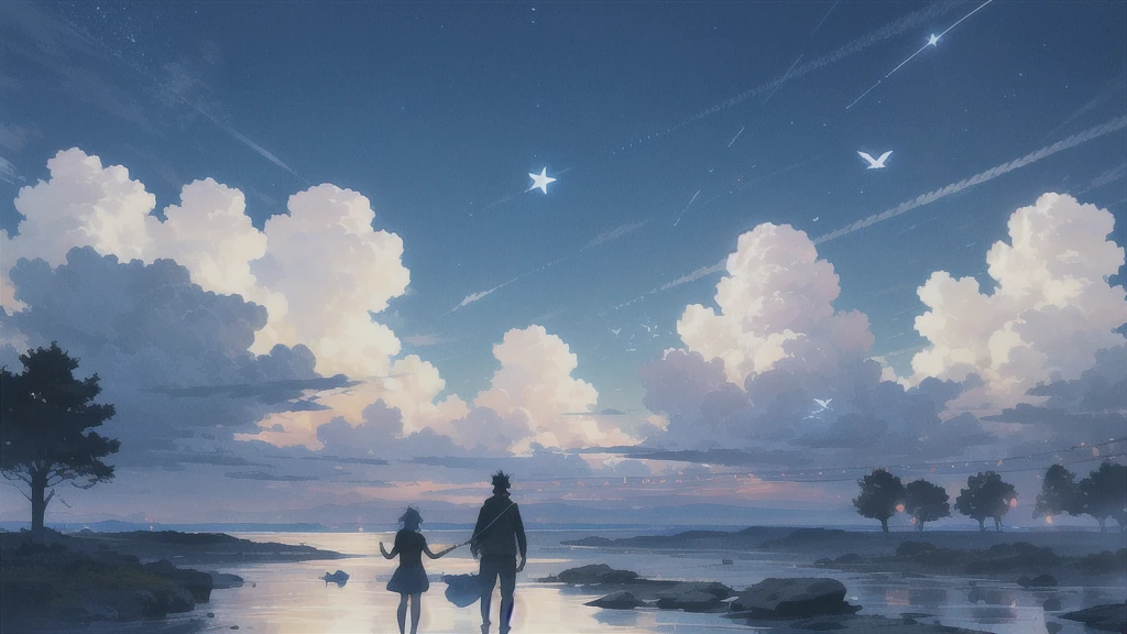 座る,真っ暗なnight空,Octane, star (null), scenery, Blue parakeet,The acoustic guitar is in front of the body.,star, night, A girl and a boy  back to back, Back view, Outdoor, city,Blue parakeet,building, cloud, 天のriver,silhouette