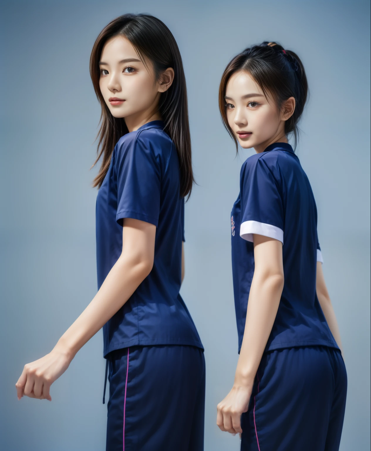 (best quality,10,10,height,Masterpiece:1.2),Special details,(realistic,ภาพrealistic,Realistic photos:1.37),1 Cute girl in the kitchen,shiny, ผิวshiny,only,smile softly,BDclothelue shirt:1.3)),short sleeve,shirt, กางเกงขาlong.,(navy_long_track pants:1.1), ((Kitchen Background)),Dynamic angle,excited,Face focus,dynamic poses,from behind,focus on ass,Masterpiece, best quality, ultra realistic, hyper detail, 8k resolution, raw photos, Sharp focus, ((Navy blue shirt:1.1)), short sleeve, เส้นทางlong, perfect body, 2 mature women, 18 years old, Cinema-grade lighting system,blue sweatpants,shirtผ้าออกกำลังกาย,correct anatomy,perfect body, correct body, Sharp face, correct bodyทางกายวิภาค, full body, realistic gestures, long-haired, realistic poses,Wear long shorts...........................,ช่วงขาlong,Good shape,carved girl, Slender figure, model, Good shape, beautiful body,blue sweatpants, two girls kissing