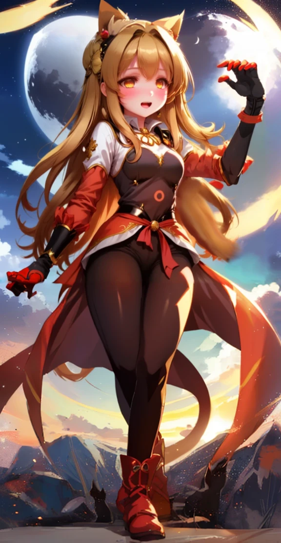 anime girl with long blonde hair and a cat ears, anime style 4 k, anime catgirl, very beautiful anime cat girl, beautiful anime catgirl, demon anime girl, cute anime catgirl, anime girl with cat ears, anime waifu, high quality anime artstyle, red boots, long brown pants
