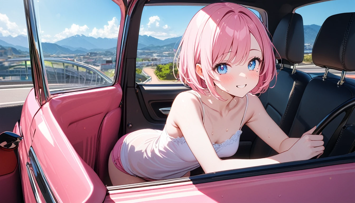 (1 girl),(Best Picture Quality, 8K, Masterpiece:1.3), (high school student:1.5), ((pink lob hair:1.1)), (bob cut),(swept bangs), (cute eyes, pupil black, iris skyblue, youthful face), (mole under right eye), (standard weight), (small breasts), (glistening skin:1.1),(pale skin:1.2),((camisole, hot pants)),(Smile),(sweat),((Ride a pink car)),(from side),(full body),((magnificent view)).