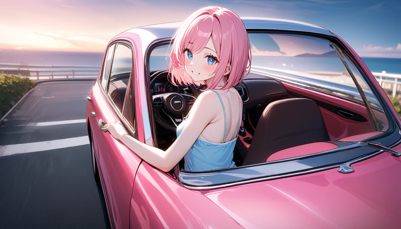 (1 girl),(Best Picture Quality, 8K, Masterpiece:1.3), (high school student:1.5), ((pink lob hair:1.1)), (bob cut),(swept bangs), (cute eyes, pupil black, iris skyblue, youthful face), (mole under right eye), (standard weight), (small breasts), (glistening skin:1.1),(pale skin:1.2),((camisole, hot pants)),(Smile),(sweat),((Ride a pink car)),(from side),(full body),((magnificent view)).