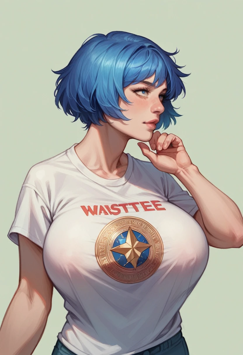 1girl,huge breast, blue hair,high quality, ultra detailed, masterpiece, realistic, short hair, t-shirt 