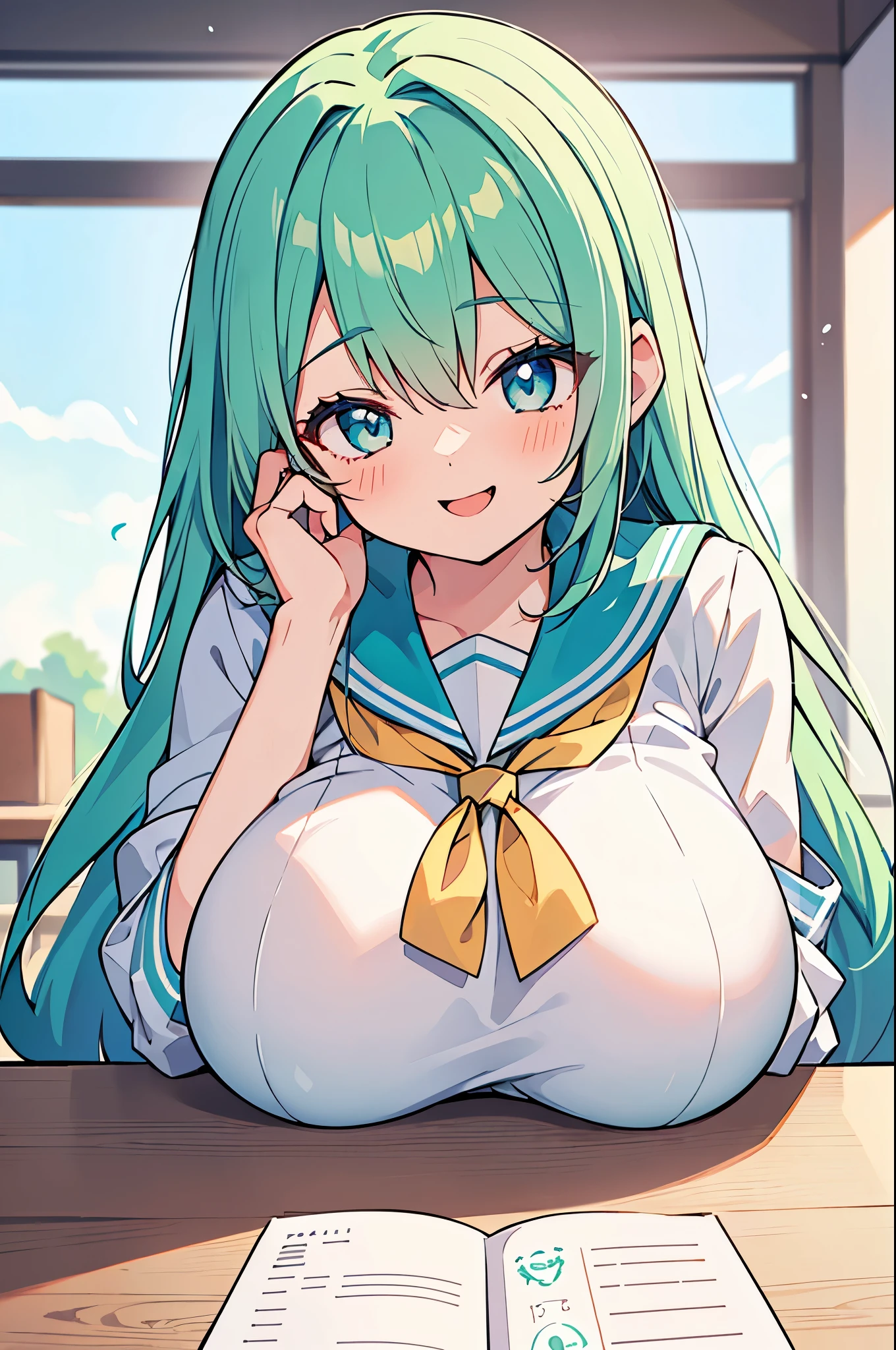 ((A Pretty high school girl with green hair and blue eyes)), ((wearing the white sailor suit)), , ((top-quality, master piece, ultra-definition, high resolution)), anime girl, ((ultra-detailed illust:1.2)), 1 girl, bangs, hair between eye, beautiful hair, Shiny eyes, highlights on the eyes, ((detailed eyes:1.2)), ((super gigantic breasts:1.3)), huge tits, Soft breasts, focused on breasts, ((breasts on the table)), breast rest, Big smile, enjoyed, laughing, in the classroom