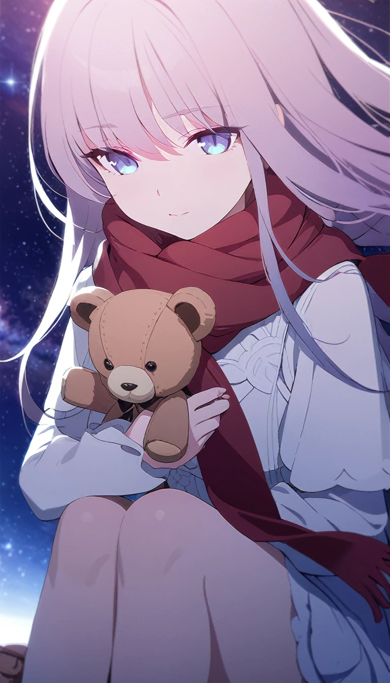 (((masterpiece))), (((best quality))),(((high detail))),light manipulation, girl with long hair, gradient purple to sky blue eyes, wearing a white dress, a red scarf, galaxy background, holding a teddy bear, feet, no footwear, close up