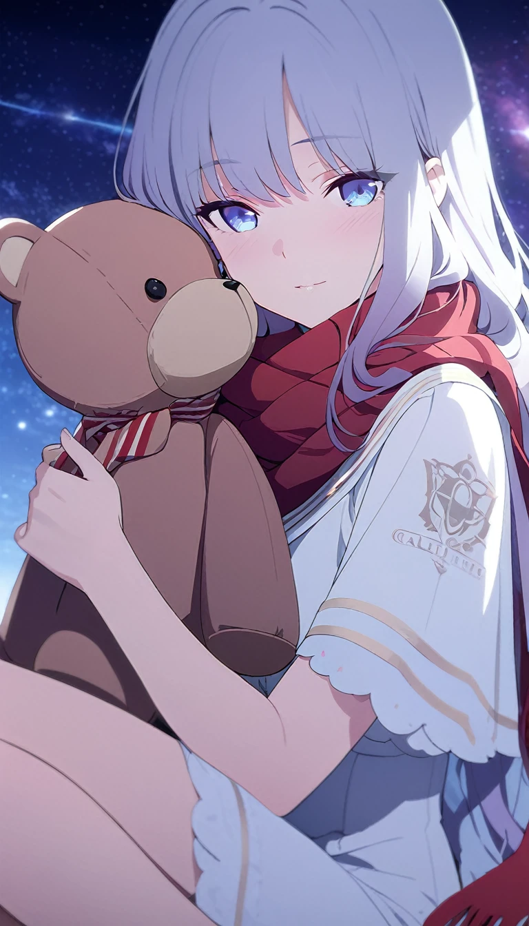 (((masterpiece))), (((best quality))),(((high detail))),light manipulation, girl with long hair, gradient purple to sky blue eyes, wearing a white dress, a red scarf, galaxy background, holding a teddy bear, feet, no footwear, close up