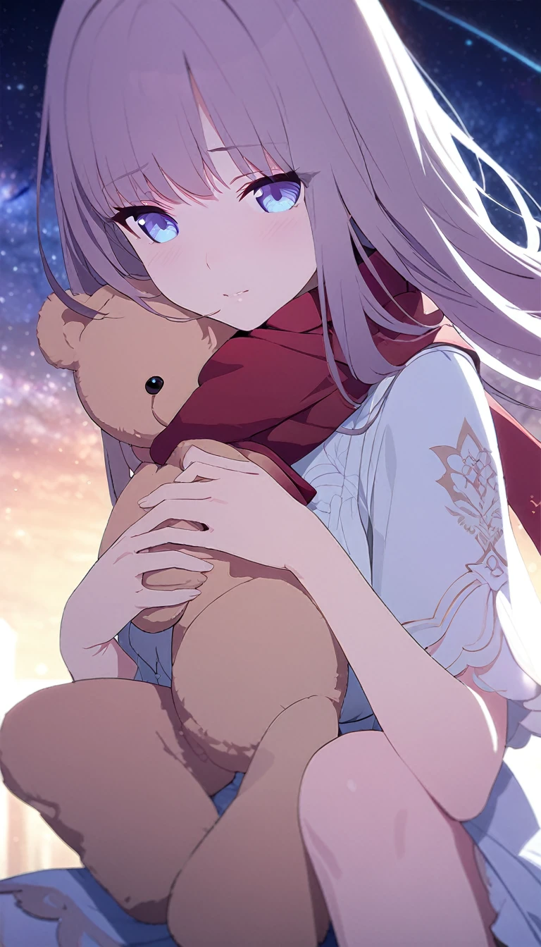(((masterpiece))), (((best quality))),(((high detail))),light manipulation, girl with long hair, gradient purple to sky blue eyes, wearing a white dress, a red scarf, galaxy background, holding a teddy bear, feet, no footwear, close up