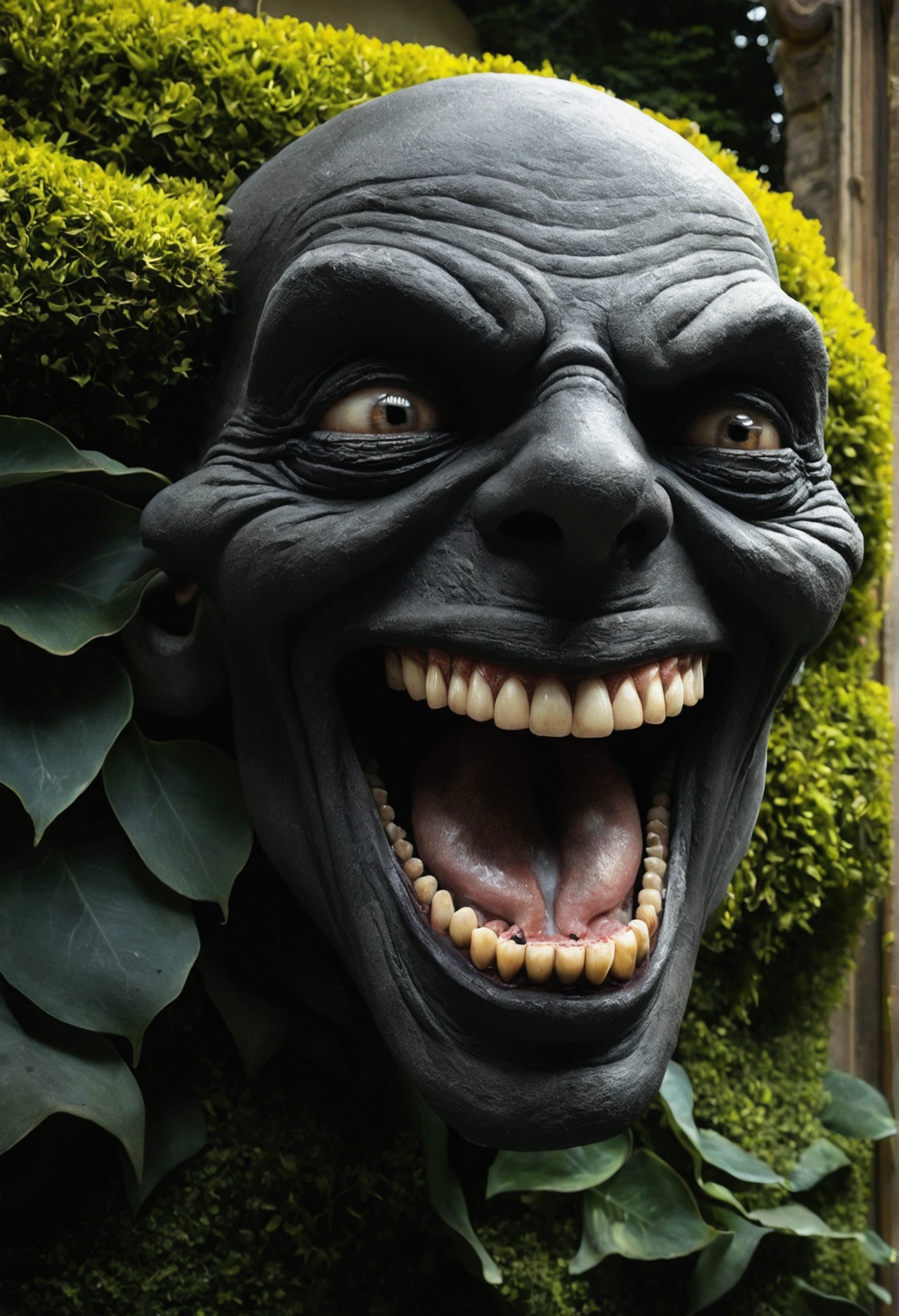 Sinister, evil, Teeth become longer, Jean-Honoré Fragonard（Jean-Honoré Fragonard）Art work, Steve Houston（Steve Houston）, in the garden, heavy grain, High Detail, Composition, Dramatic light, deformation, Ultra wide-angle lens, Surrealism，Creepy，black，mystery，Deep Shadows，dark psychology，，Vector Style，mind manipulation，landscape，nobody
