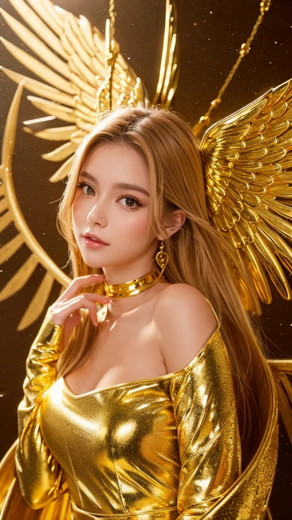 gold Angel's wing Background gold one girl , High resolution, Gaze, Black Hair, Wide-angle shot, Character portrait, Facing straight Anime Style,