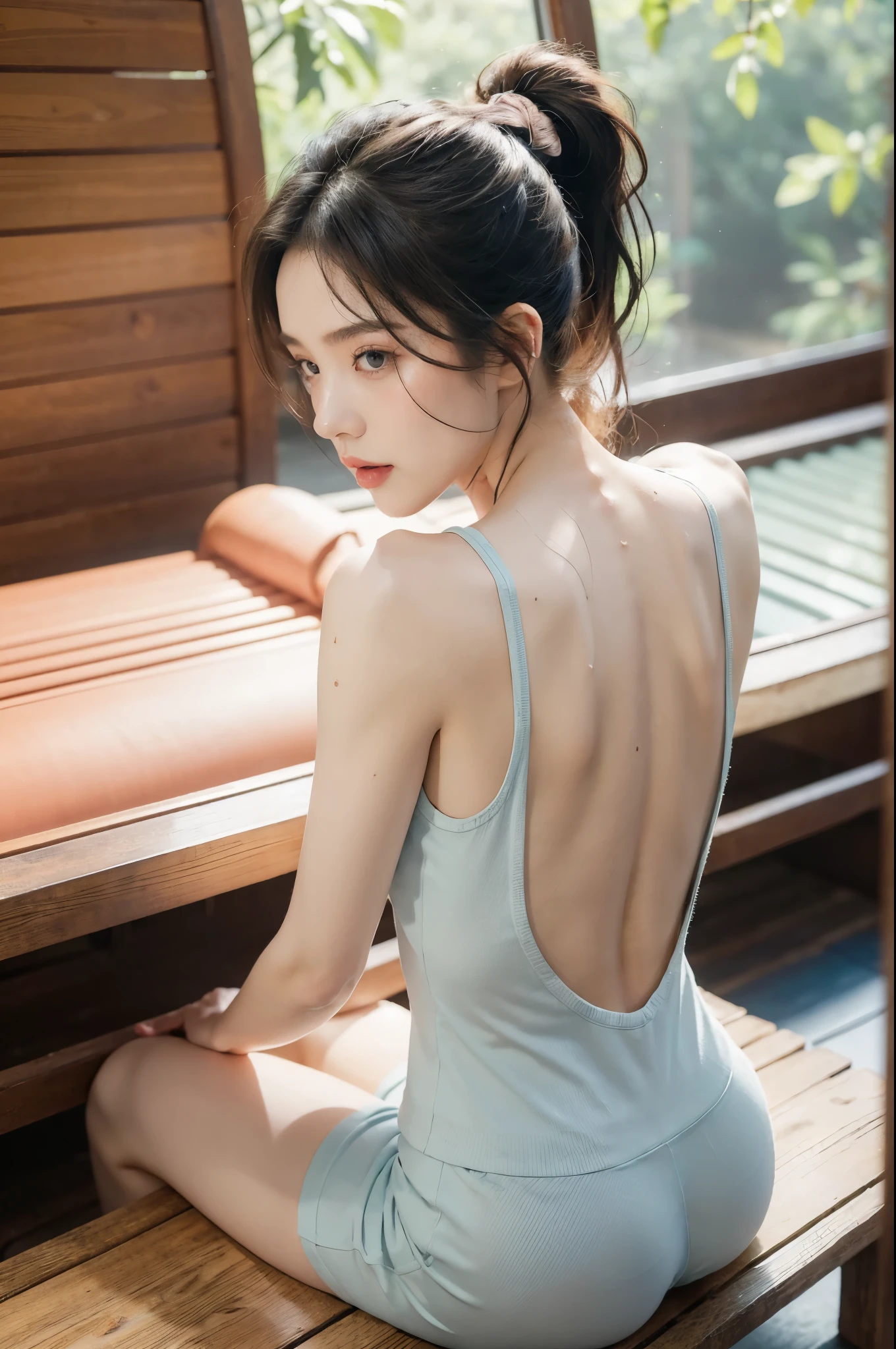(((best quality))),(((ultra detailed))),(((masterpiece))),illustration,(1 beautiful girl,solo),((slim,thin)),((bare back,towering hips,butt crack)),(blush:1.5),summer afternoon,living room,sanctuary of tranquility,fitness,grace,(short ponytail:1.2),effortless elegance,((light blue yoga tank top,matching shorts)),youthful radiance,enchanting,inspiring,(sitting on treadmill:1.3),body drenched in perspiration,(sweat:1.5),dedication,inner strength,determination,composed,focused,eyes,lush potted plant,greenery,life,vitality,soft sunlight,warm patches of light,wooden floor,fragrant cookies,cozy ambiance,attire,functional,fashionable,comfort,flexibility,slender figure,curves,lightweight material,unrestricted movement,grip,treadmill's belt,propel,forward,serene expression,slight smile,lips,focused on horizon,visualizing goals,dreams,radiant beauty, comfortable clothing,determined spirit,captivating,inspiring image,essence of summertime fitness,self-care,((from back,upper body))