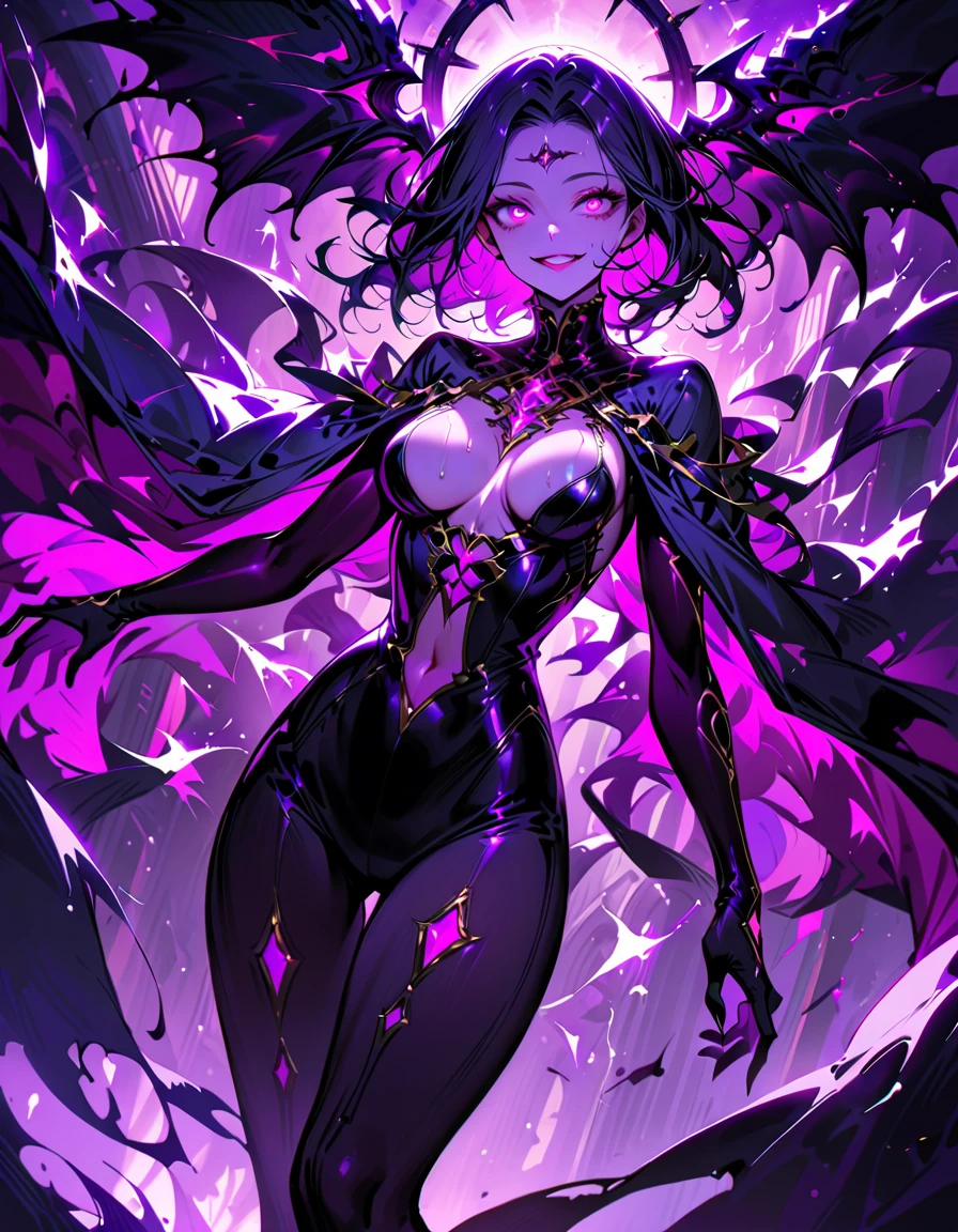 One young and beautiful woman,(Highest quality,Extremely detailed depiction,Incredibly absurd high resolution,Anatomically accurate depiction,Perfect body,Two curvaceous legs),(A fantastic evil goddess in a mysterious costume),(Gorgeous black outfit),eyelash,eye shadow,eyeliner,mascara,Flashy makeup,(Intensely glowing purple eyes,(Crazy Eyes),Glossy Lips,Wicked Smile,There is cleavage in the chest,wing,whole body),Sweat,background:Temple of the Night,Purple light