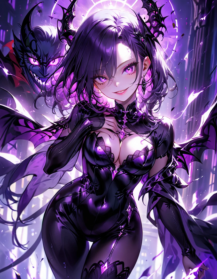 One young and beautiful woman,(Highest quality,Extremely detailed depiction,Incredibly absurd high resolution,Anatomically accurate depiction,Perfect body,Two curvaceous legs),(A fantastic evil goddess in a mysterious costume),(Gorgeous black outfit),eyelash,eye shadow,eyeliner,mascara,Flashy makeup,(Intensely glowing purple eyes,(Crazy Eyes),Glossy Lips,Wicked Smile,There is cleavage in the chest,wing,whole body),Sweat,background:Temple of the Night,Purple light