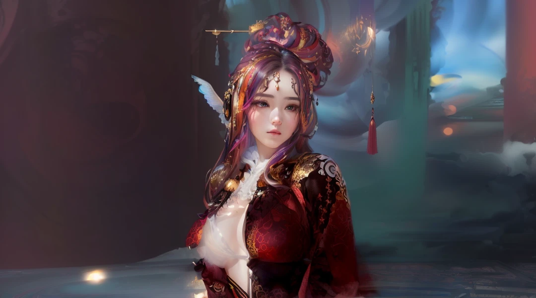 (masterpiece, Highest quality, Highest quality, Official Art, beautifully、aesthetic:1.2), (One girl:1.3), Very detailed,(Fractal Art:1.2),colorful,Most detailed,(Tangled:1.2), (Dynamic pose), (Abstract background:1.5), (Traditional Costume:1.2), (Glowing Skin), (Many colors:1.4), whole body