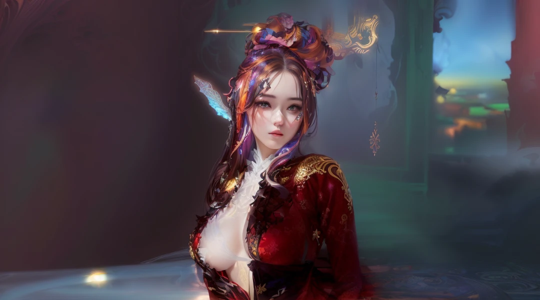 (masterpiece, Highest quality, Highest quality, Official Art, beautifully、aesthetic:1.2), (One girl:1.3), Very detailed,(Fractal Art:1.2),colorful,Most detailed,(Tangled:1.2), (Dynamic pose), (Abstract background:1.5), (Traditional Costume:1.2), (Glowing Skin), (Many colors:1.4), whole body