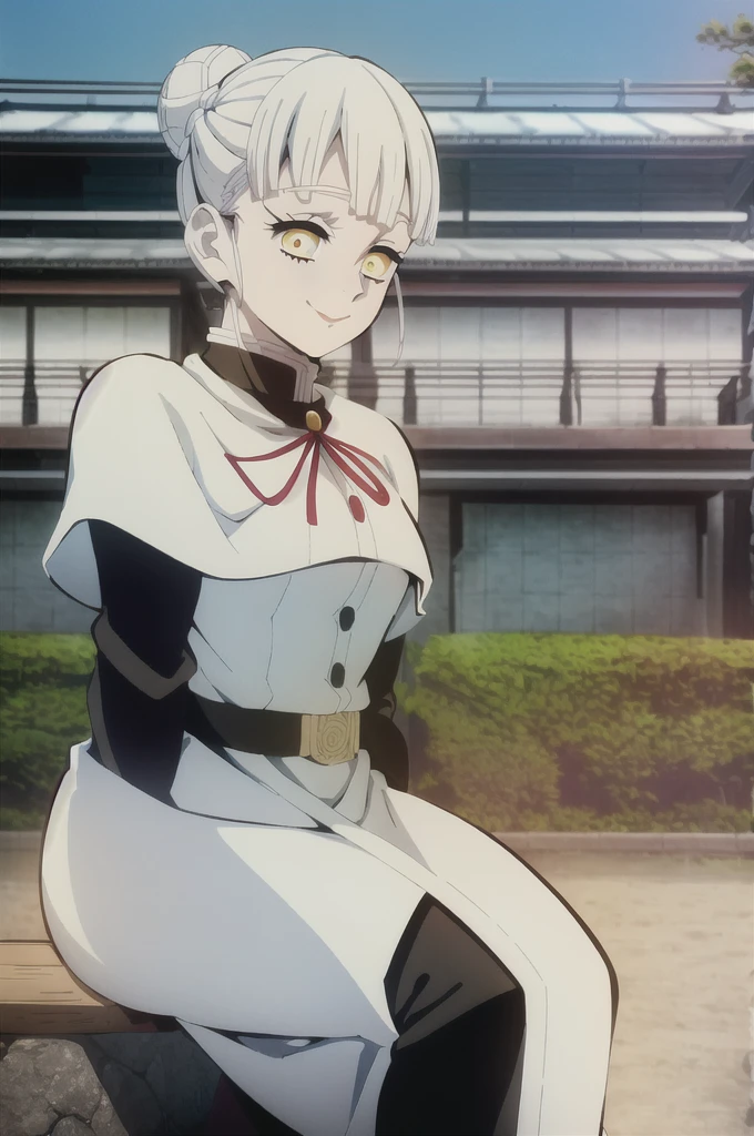kimetsu no yaiba style, 1girl, white hair in a high bun, demon slayer uniform, solo, yellow eyes,holding a katana ,white hair, all black cape, all black haori, outdoors, bangs, tree,, anime coloring, ((masterpiece)) , daylight background , beautiful girl, cute, solo , smiling face , ((high quality)) , sitting.