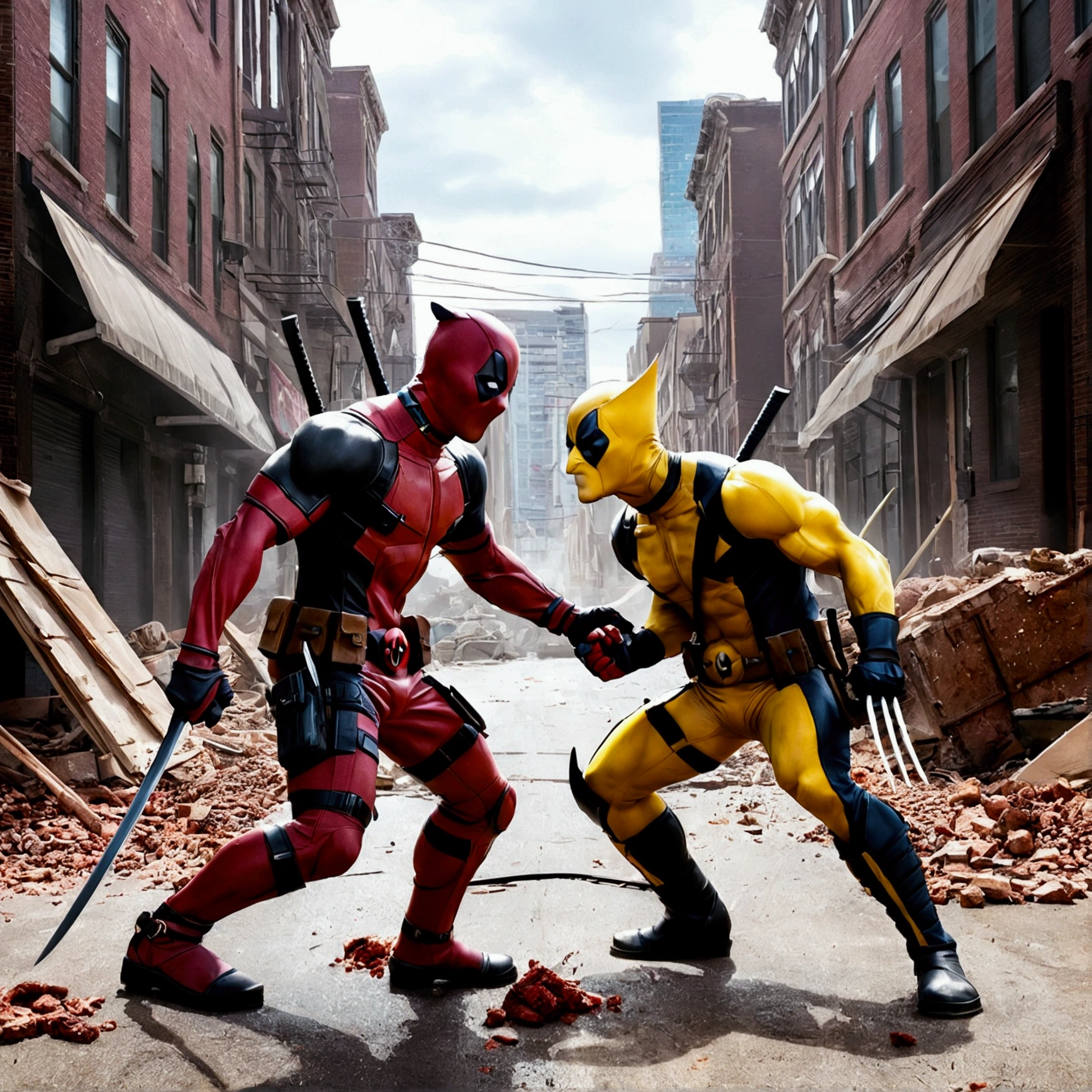 Very detailed,Deadpool vs. Wolverine,Intricate details,Collapsed streets