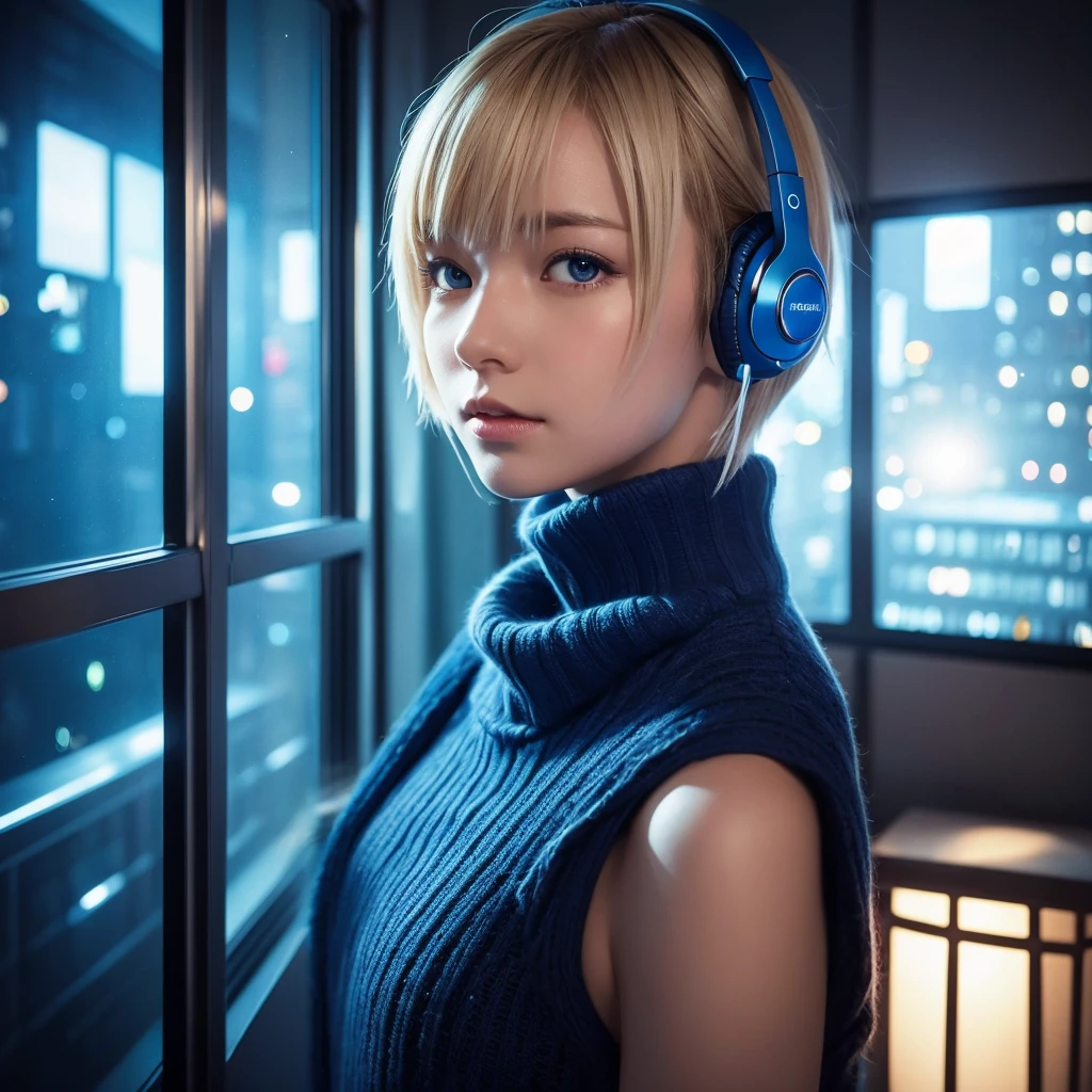 title: Fantastic Night Music Prompt: This work、A scene depicting a blonde girl with short hair wearing headphones.、High quality and fantastic image。In a dark room、The blue light is shining、The room is a small space like a 1K apartment.。The girl puts the headphones firmly in her ears.、I&#39;m engrossed in music。

The room is dimly lit、The blue light fills the entire room.。The blue light reflects off the girl&#39;s blonde hair.、It makes her figure stand out even more clearly.。Her face is full of deep concentration and happiness.、You can tell he is fascinated by music.。

The window offers a view of Shinjuku&#39;s downtown area.。The city at night is bright、people々You can feel the vitality of。The neon signs on the buildings flash、Car lights illuminate the city。The view is、The girl creates a contrast with the music she hears.、It makes her feel like she&#39;s in another world.。

This work、A girl whose heart was stolen by music、It expresses a fantastic atmosphere that blends with the hustle and bustle of the city.。This image is rendered in high resolution.、Through beautiful details and vivid colors、It will impress and impress the viewers.。