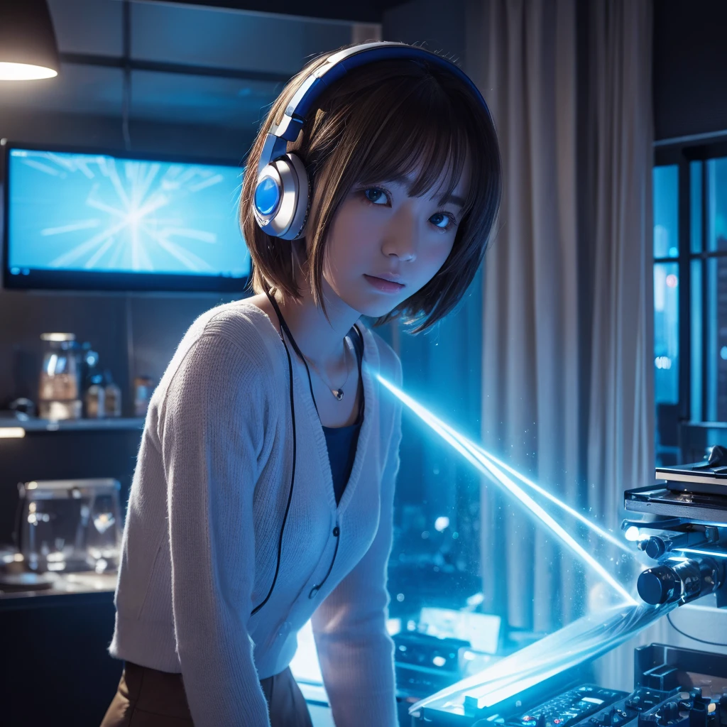 title: Fantastic Night Music Prompt: This work、A scene depicting a blonde girl with short hair wearing headphones.、High quality and fantastic image。In a dark room、The blue light is shining、The room is a small space like a 1K apartment.。The girl puts the headphones firmly in her ears.、I&#39;m engrossed in music。

The room is dimly lit、The blue light fills the entire room.。The blue light reflects off the girl&#39;s blonde hair.、It makes her figure stand out even more clearly.。Her face is full of deep concentration and happiness.、You can tell he is fascinated by music.。

The window offers a view of Shinjuku&#39;s downtown area.。The city at night is bright、people々You can feel the vitality of。The neon signs on the buildings flash、Car lights illuminate the city。The view is、The girl creates a contrast with the music she hears.、It makes her feel like she&#39;s in another world.。

This work、A girl whose heart was stolen by music、It expresses a fantastic atmosphere that blends with the hustle and bustle of the city.。This image is rendered in high resolution.、Through beautiful details and vivid colors、It will impress and impress the viewers.。