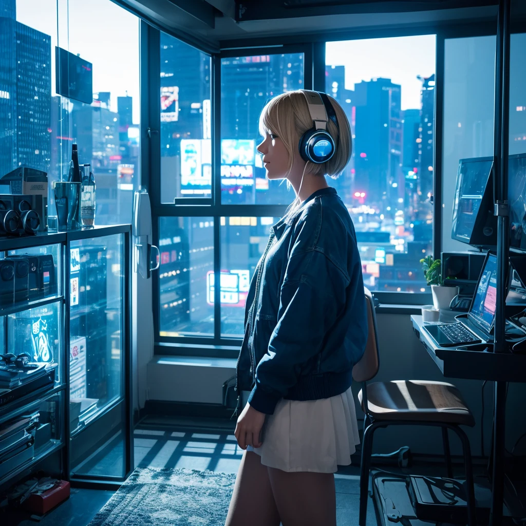 title: Fantastic Night Music Prompt: This work、A scene depicting a blonde girl with short hair wearing headphones.、High quality and fantastic image。In a dark room、The blue light is shining、The room is a small space like a 1K apartment.。The girl puts the headphones firmly in her ears.、I'm engrossed in music。
The room is dimly lit、The blue light fills the entire room.。The blue light reflects off the girl's blonde hair.、It makes her figure stand out even more clearly.。Her face is full of deep concentration and happiness.、You can tell he is fascinated by music.。
The window offers a view of Shinjuku's downtown area.。The city at night is bright、people々You can feel the vitality of。The neon signs on the buildings flash、Car lights illuminate the city。The view is、The girl creates a contrast with the music she hears.、It makes her feel like she's in another world.。
This work、A girl whose heart was stolen by music、It expresses a fantastic atmosphere that blends with the hustle and bustle of the city.。This image is rendered in high resolution.、Through beautiful details and vivid colors、It will impress and impress the viewers.。