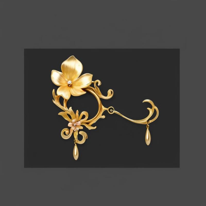 There is a gold flower brooch，There is a pendant on it, Gold flower headdress, Gold jewelry, Gold jewelry, Gorgeous metallic gold headpiece, Golden Crown, East Art Nouveau, Suitable for metal, Baroque style gold headdress, delicate gold headpiece, Art Nouveau, tai traditional Bronze headdress, Bronze headdress, Golden Ring, East，Hand-drawn，Hand painted textured gold