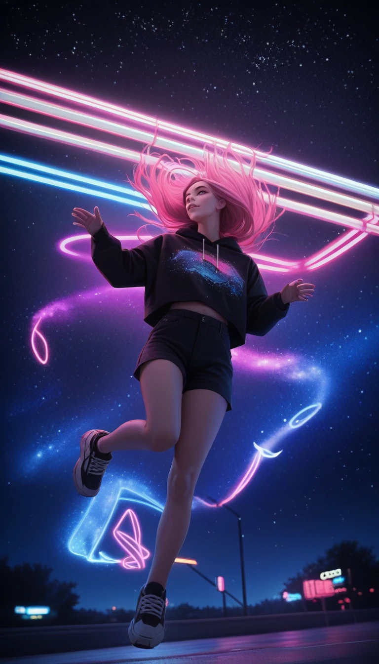 score_9_superior, score_8_superior, score_7_superior, score_6_superior, Woman with long pink hair, night, neon, Unidentified Flying Object, , Galaxy Background, neon lights, Black clothing with LEDs, 4K