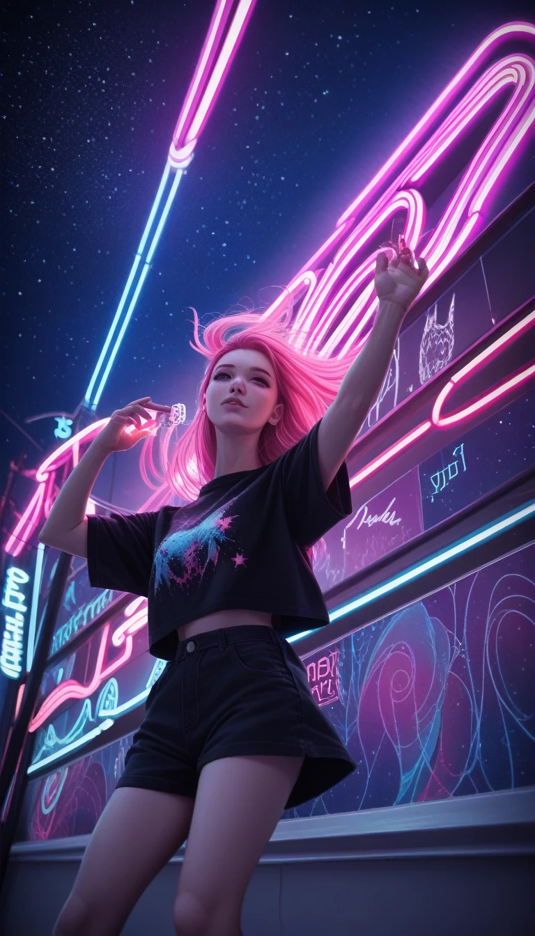 score_9_superior, score_8_superior, score_7_superior, score_6_superior, Woman with long pink hair, night, neon, Unidentified Flying Object, , Galaxy Background, neon lights, Black clothing with LEDs, 4K  