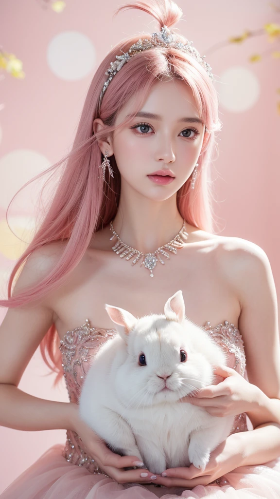 A shining woman adorned with various jewels,The rabbit is holding a large ball,Staring straight into the camera, in the center,Very bright color, Light Particles, The light shines, Musibu, Wallpaper Art, UHD wallpaper,Background pink、Divination for meditation、Mysterious, (8k, RAW Photos, Highest quality, masterpiece:1.2), masterpiece, super detailed, super high quality, (Realistic and realistic photography:1. 37), High-resolution RAW color photos, Very delicate and beautiful, highly detailed, 8k壁紙, wonderful, detailed, Very eye, very detailed, very detailed skin, very thin fingers, very detailed nose, very detailed mouth, Perfect Anatomy