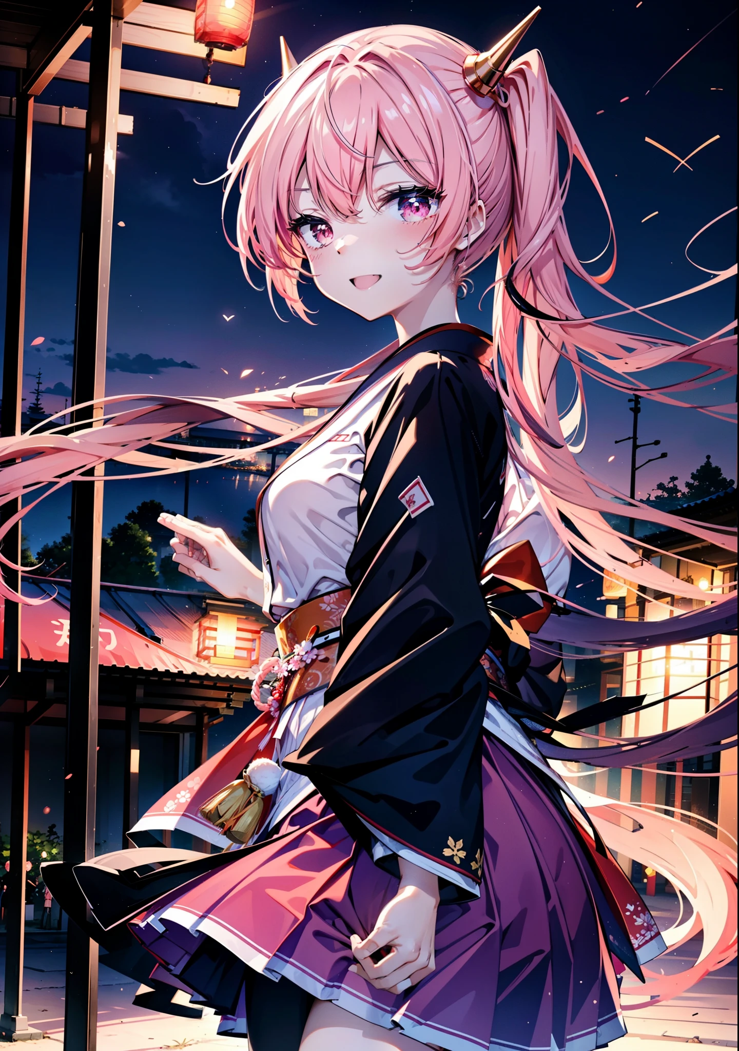 Aria h kanzaki,horn,Pink Hair,Long Hair,low 　Twin tails,Red eyes,happy smile, smile, Open your mouth,pink kimono,Thick sleeves,Long skirt,日本のfestival,夏festivalの屋台,Red Lantern,night,night空のfirework,firework,場所はfirework大会,時間はnightです,sunny day,turn around,as if,walk,　　　　　　　　　　　　　　　  　　　　　break looking at viewer, Upper Body, (Cowboy Shot:1. 5),  　　　　　
break outdoors, festival,shrine,
break (masterpiece:1.2), Highest quality, High resolution, unity 8k wallpaper, (shape:0.8), (Beautiful attention to detail:1.6), Highly detailed face, Perfect lighting, Highly detailed CG, (Perfect hands, Perfect Anatomy),