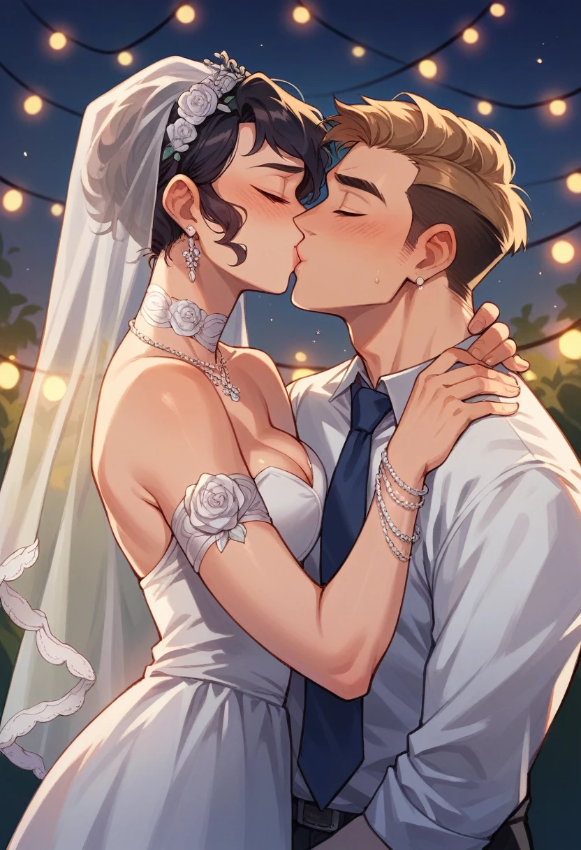 20 years old young indian bride kissing in lip with 25 years old handsome groom, in a engagement, night party lights, at gardern , 