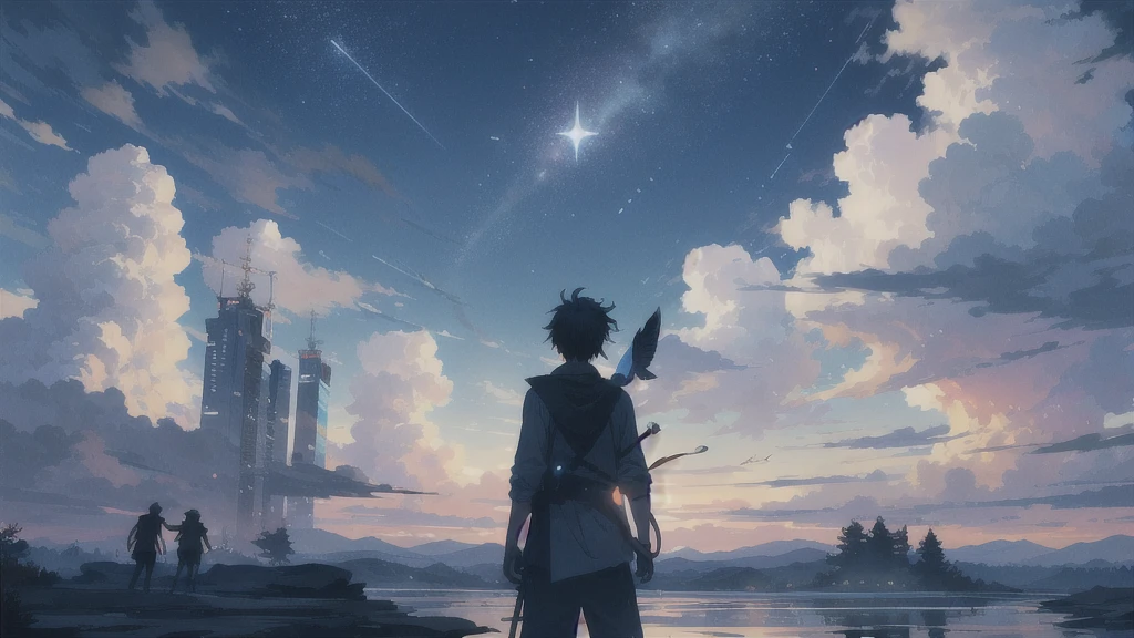 座る人,真っ暗なnight空,Octane, star (null), scenery, Blue parakeet,The acoustic guitar is in front of the body.,star, night, A girl and a boy back to back, Back view, Outdoor, city,Blue parakeet,building, cloud, 天のriver,silhouette