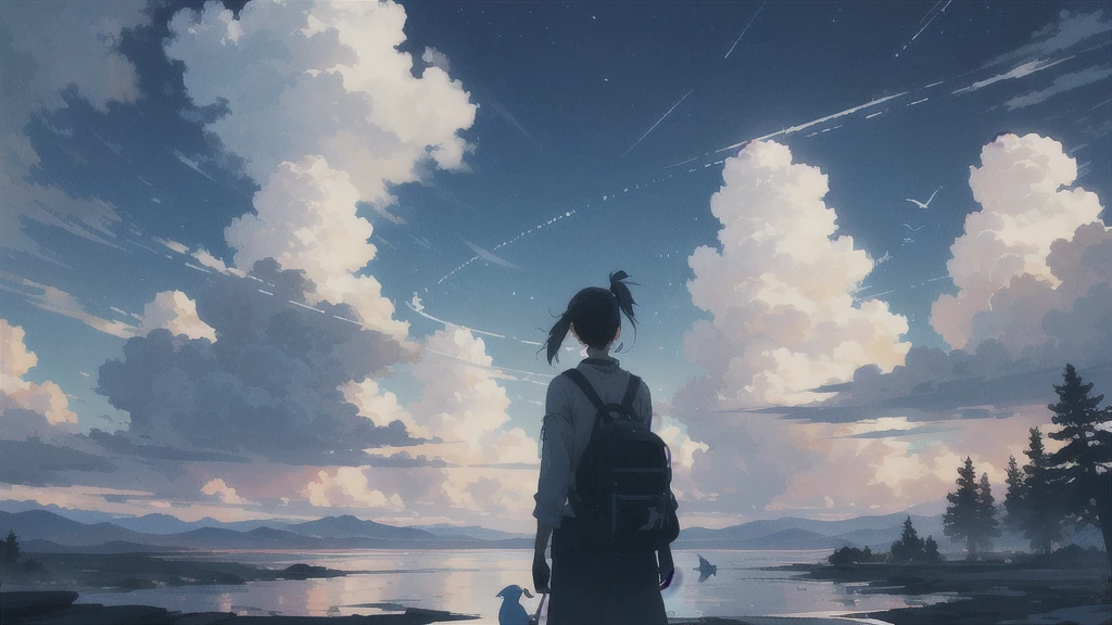 座る人,真っ暗なnight空,Octane, star (null), scenery, Blue parakeet,The acoustic guitar is in front of the body.,star, night, A girl and a boy back to back, Back view, Outdoor, city,Blue parakeet,building, cloud, 天のriver,silhouette