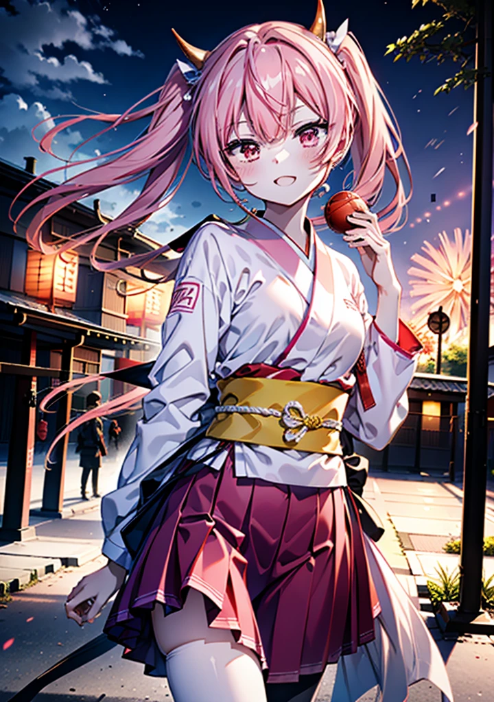 Aria h kanzaki,horn,Pink Hair,Long Hair,low 　Twin tails,Red eyes,happy smile, smile, Open your mouth,pink kimono,Thick sleeves,Long skirt,日本のfestival,夏festivalの屋台,Red Lantern,night,night空のfirework,firework,場所はfirework大会,時間はnightです,sunny day,turn around,as if,walk,　　　　　　　　　　　　　　　  　　　　　break looking at viewer, Upper Body, (Cowboy Shot:1. 5),  　　　　　
break outdoors, festival,shrine,
break (masterpiece:1.2), Highest quality, High resolution, unity 8k wallpaper, (shape:0.8), (Beautiful attention to detail:1.6), Highly detailed face, Perfect lighting, Highly detailed CG, (Perfect hands, Perfect Anatomy),