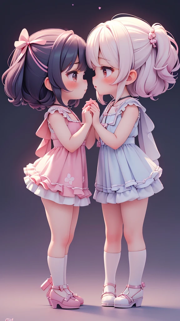 (((yuri, lesbian kiss))), ((petite bishojo, little 2girls)), ((cute face)), ((cute puffy eyes)), ((masterpiece)), ((best quality)), ((ultra detailed)), ((exquisite)), ((depth)), ((crisp)), ((8k)), ((beautiful and aesthetic)), (super detailed skin), ((high standard)), ((highres)), ((perfect anatomy)), (full body), (blush), (rouge), (wuv, cutesy jk), (beautiful hands)