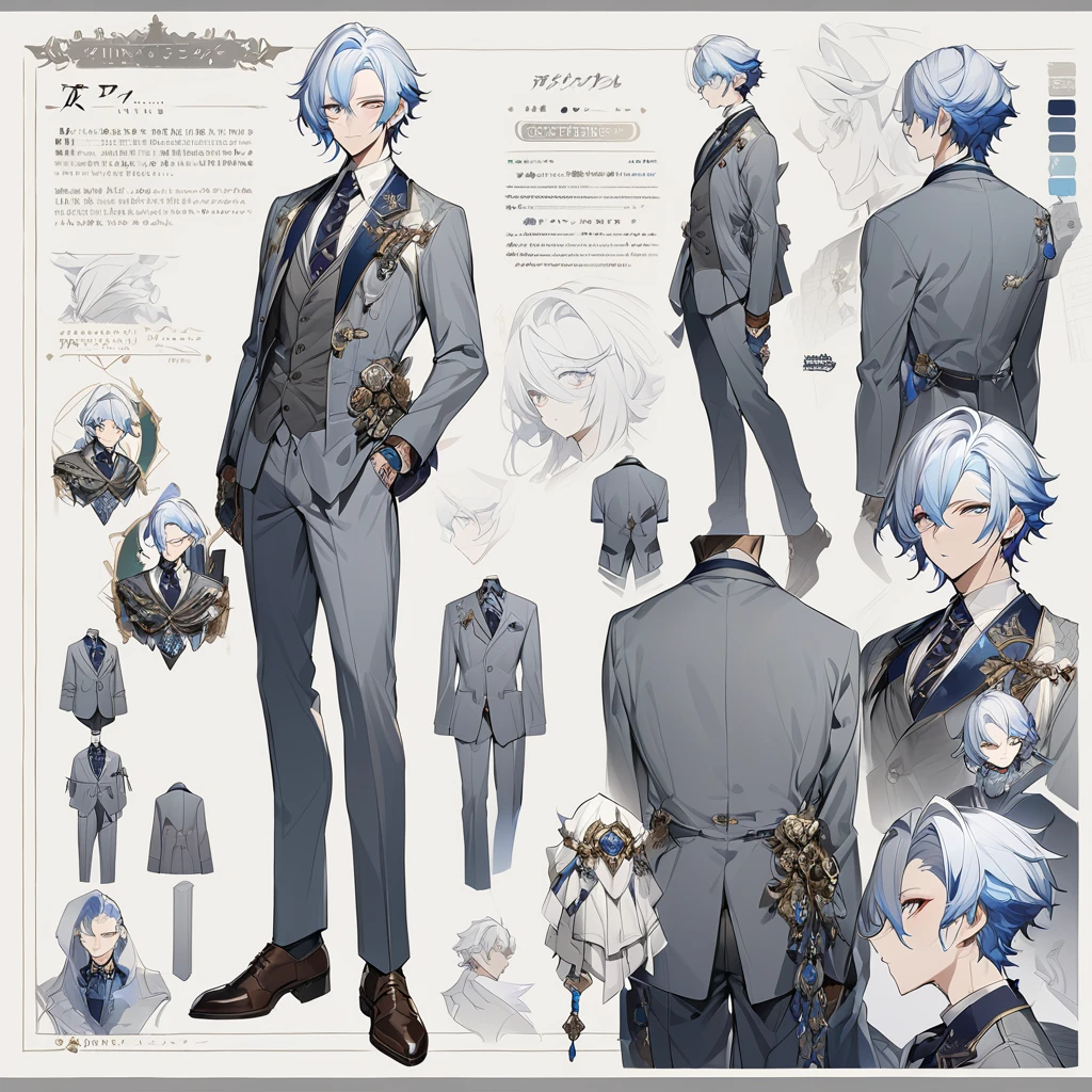 Grey suit、Blue Hair、((masterpiece, Highest quality)), male, maleの子, Detailed face, Character design sheet， Full Body, Full of details, Front view, Back view, Very detailed, depth, Many parts, maleの子 with white hair，Handsome, Scholar&#39;s outfit, 背の高いmale性、
