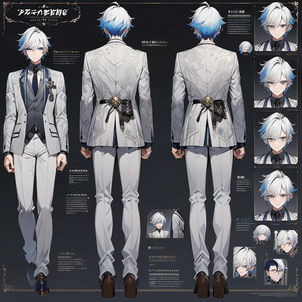 Grey suit、Blue Hair、((masterpiece, Highest quality)), male, maleの子, Detailed face, Character design sheet， Full Body, Full of details, Front view, Back view, Very detailed, depth, Many parts, maleの子 with white hair，Handsome, Scholar&#39;s outfit, 背の高いmale性、