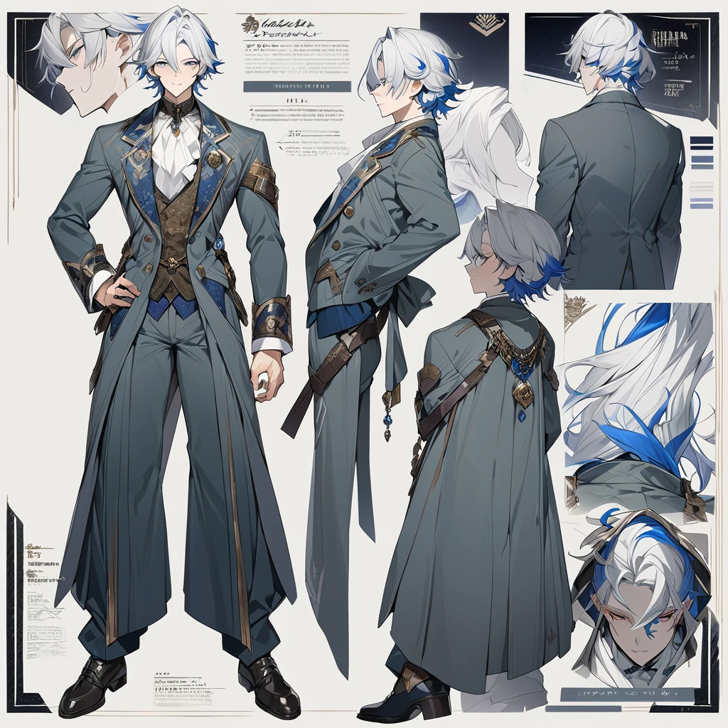 Grey suit、Blue Hair、((masterpiece, Highest quality)), male, maleの子, Detailed face, Character design sheet, Full Body, Full of details, Front view, Back view, Very detailed, depth, Many parts, maleの子 with white hair,Handsome, Scholar's outfit, 背の高いmale性、