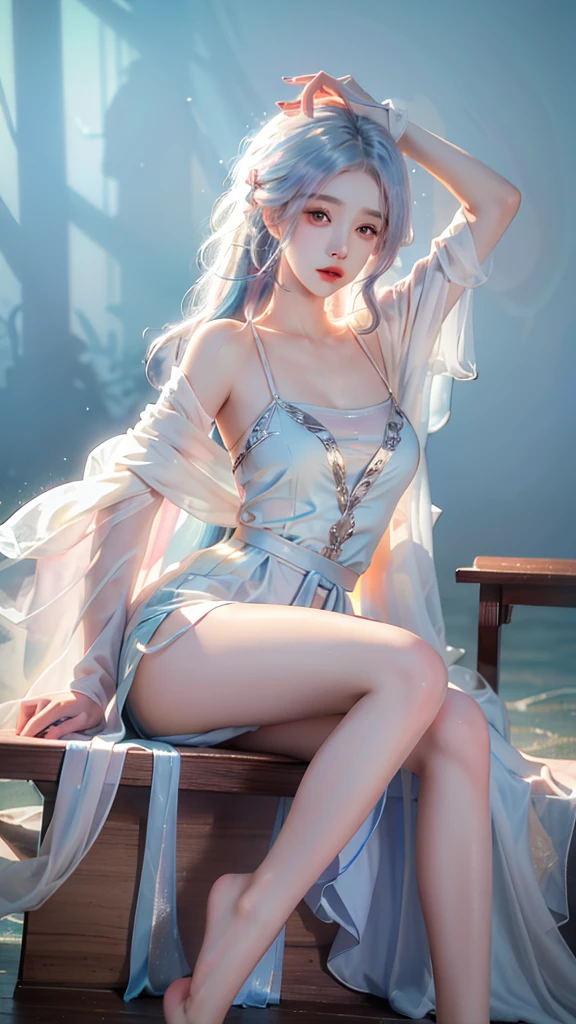 ((Shot in the knee)),（masterpiece、best quality、high resolution），（Color background，（Splash of Color）），Sweet girl，Light blue and white medium length hair，[Light Blue|pink]hair，curls，shining，红pink的嘴唇，The crack is relatively large，Splash of Color，Volumetric Lighting，Full breasts, Elegant Posture, Sexy slender legs