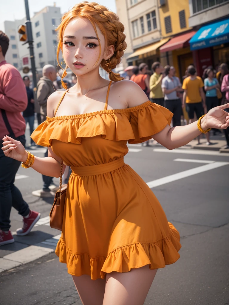 a woman posing on the street corner with orange dress on, Highest quality, 1peopleの女の子, Large Breasts, Day, bright, Blur the background, Bokeh, Outdoor, (street:0.8), (people々, crowd:0.8), (Off-the-shoulder dress:1.2), nice, (Braided bangs:1.2), Beautifully detailed skies, (Dynamic pose:1.2), Soft lighting, Wind, Glowing Skin, (Upper Body:0.8), (freckles:0.8), Mole under the mouth,